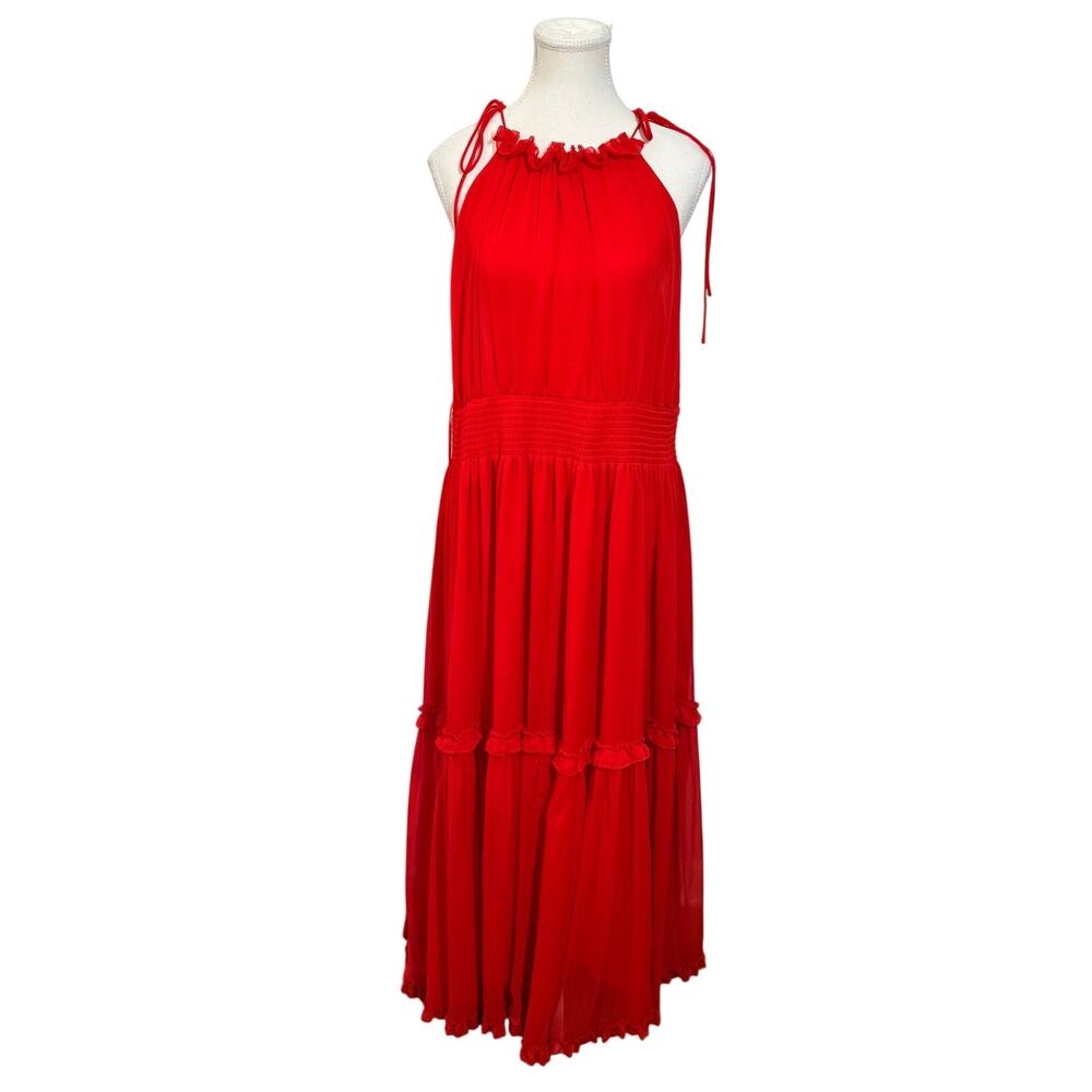 Banana Republic Ruffle Halter Maxi‎ Dress Women XL Red Wedding Guest Cocktail